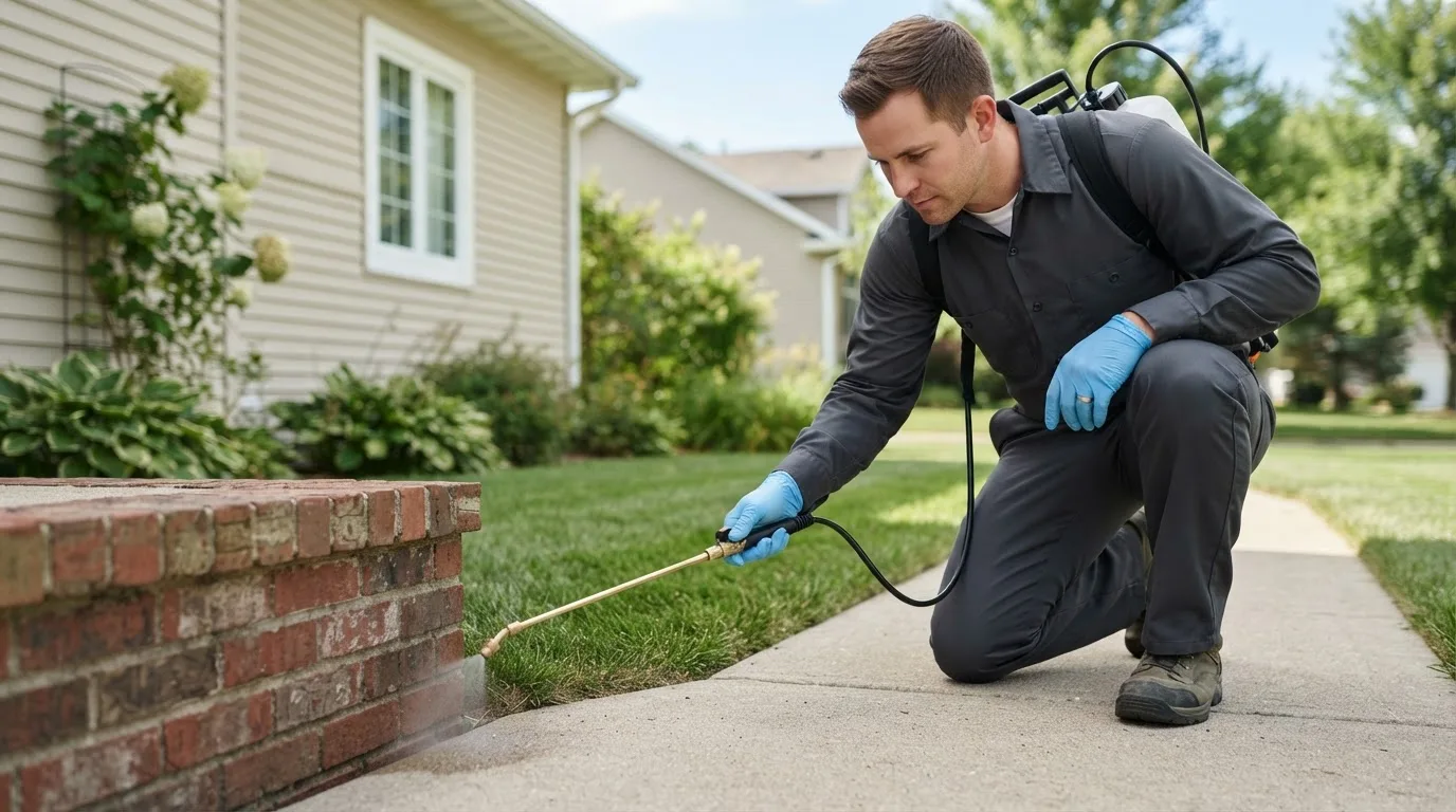 Pest control technician treating a home near Harrell, AR